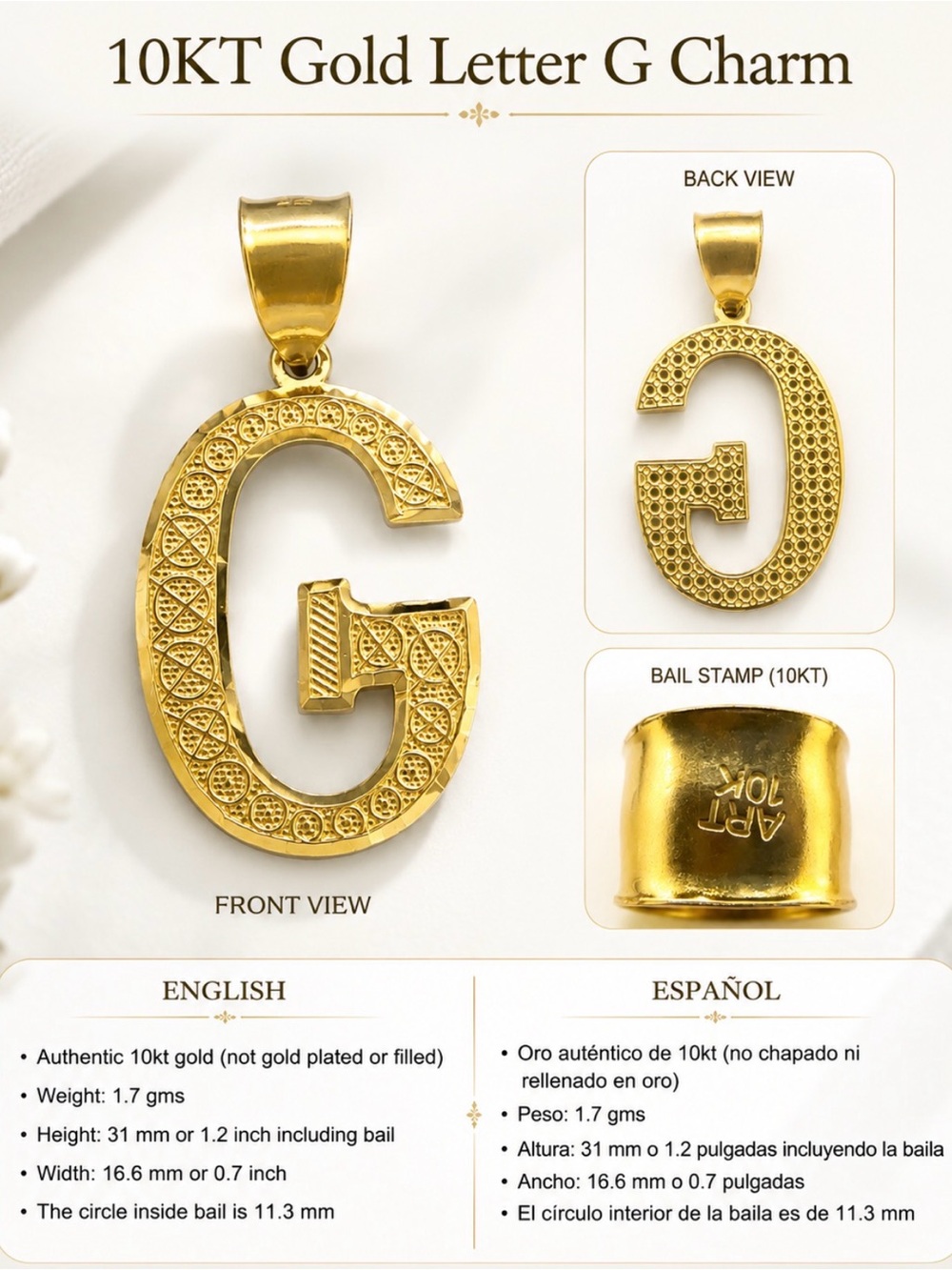 10KT Gold Letter G Charm Pendant - Yellow Gold Initial